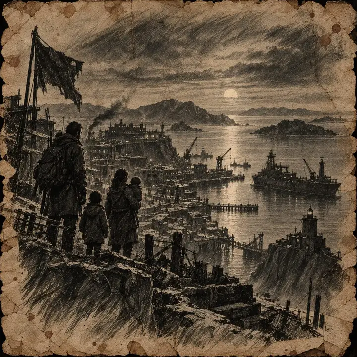 Una famiglia di sopravvissuti guarda un porto fortificato sotto una bandiera.