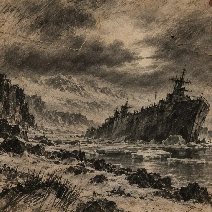 Il relitto di una nave incagliata su una costa rocciosa sotto un cielo in tempesta.